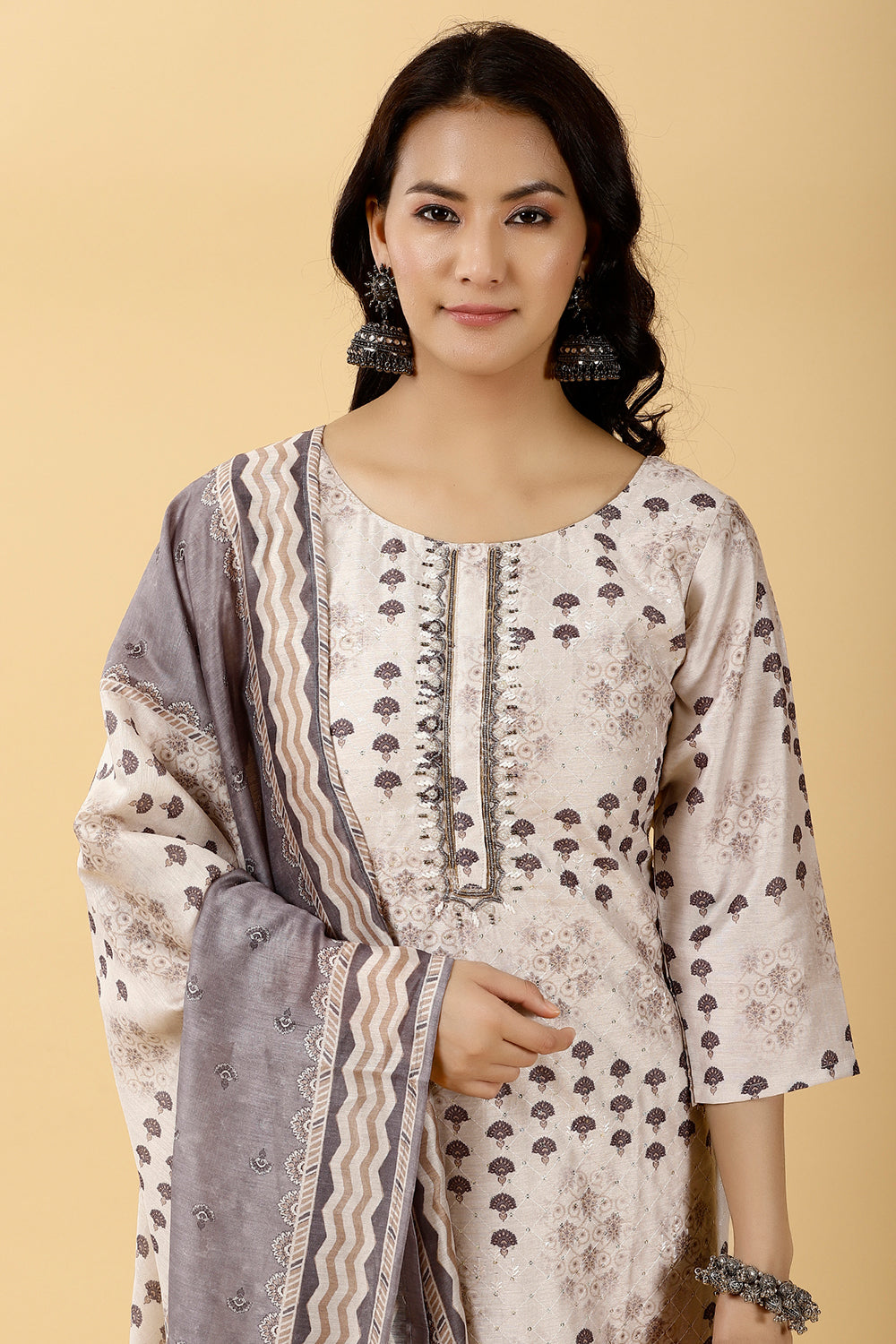 Cream Color Chanderi Printed Suit