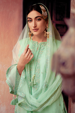 Sea Green Color Net Embroidered Silk Unstitched Suit Material with Embellished Dupatta
