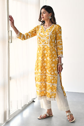 Mustard Color Cotton Printed Kurta and Pant Set