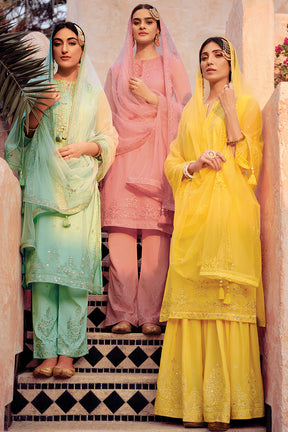 Sea Green Color Net Embroidered Silk Unstitched Suit Material with Embellished Dupatta