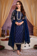 Navy Colour Silk Embroidered Unstitched Suit Fabric