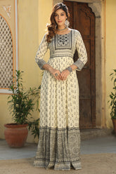 Cream Color Maslin Cotton Long Anarkali Kurti