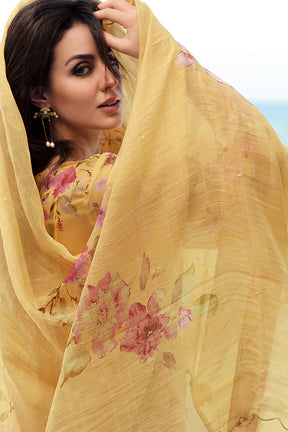 Mustard Color Organza Digital Print Unstitched Suit Material