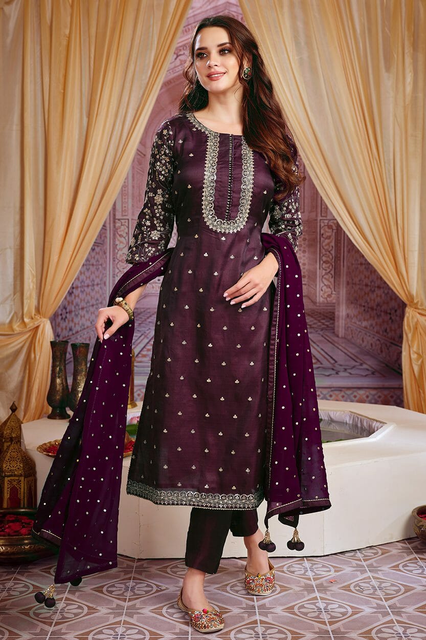 Dark Scarlet Colour Silk Suit Material.