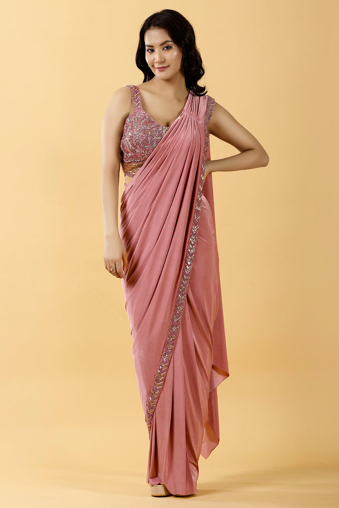 Mauve Color Lycra Fabric Ready to Wear Saree with Blouse