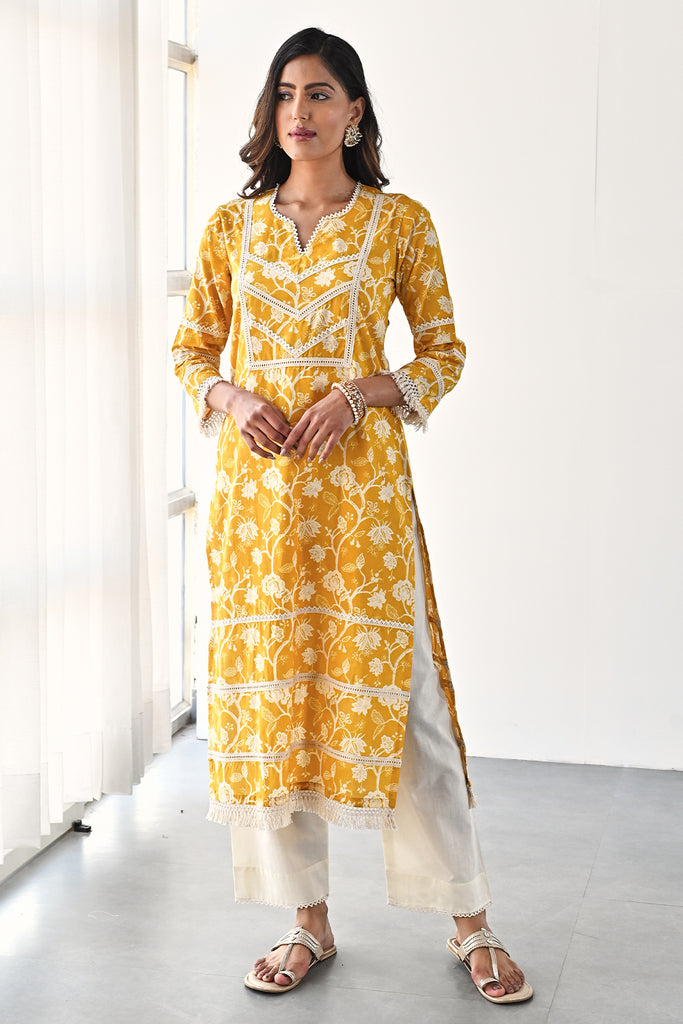Mustard Color Cotton Printed Kurta and Pant Set