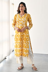 Mustard Color Cotton Printed Kurta and Pant Set