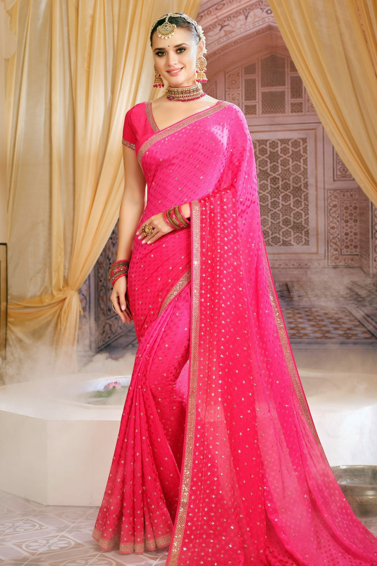 Fuchsia Pink Shaded Georgette Saree.