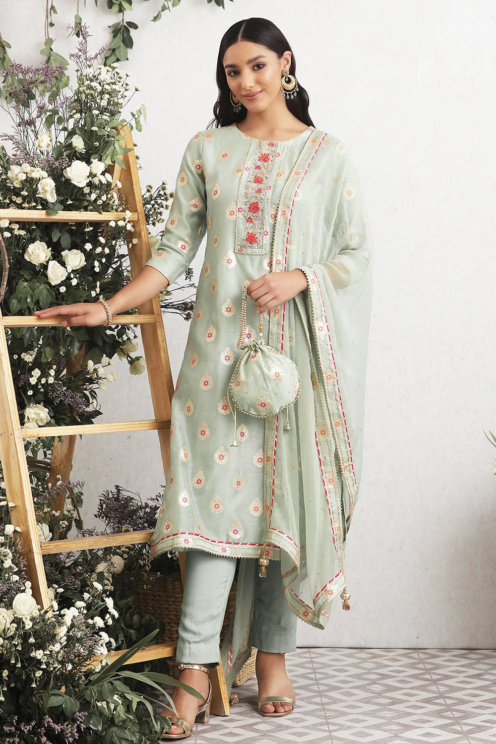 Mint Color Chanderi Woven Suit Material.