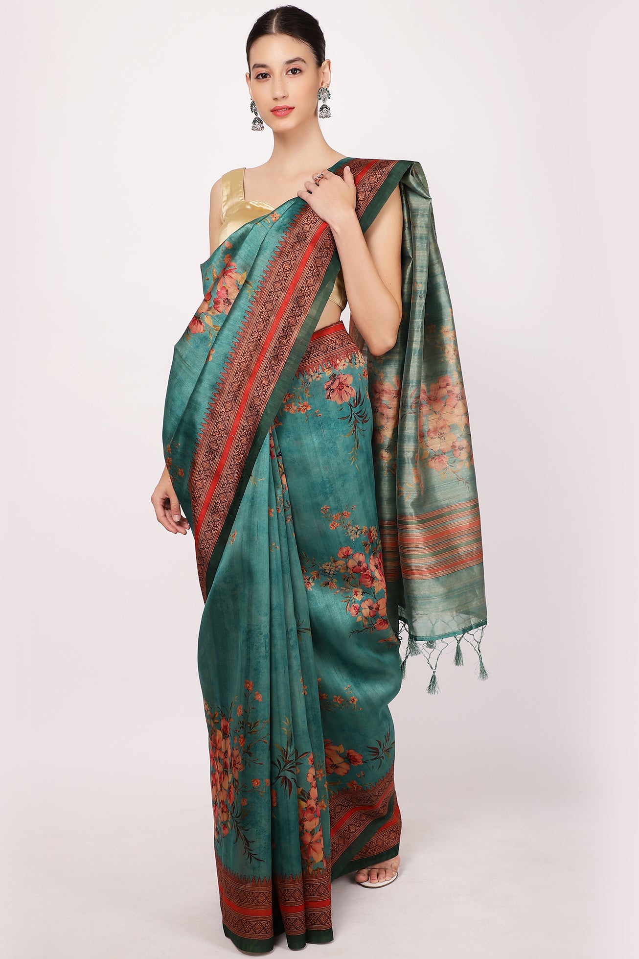 Teal Colour Printed Tussar Silk Saree.