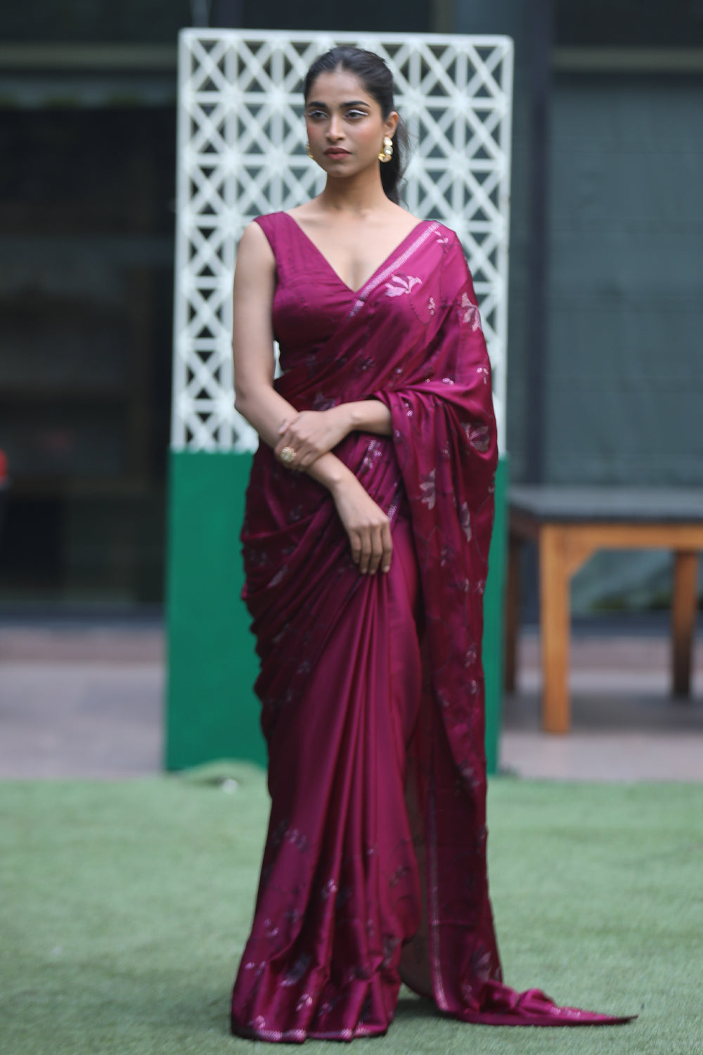 Dark Scarlet Color Satin Swarovski Work Saree