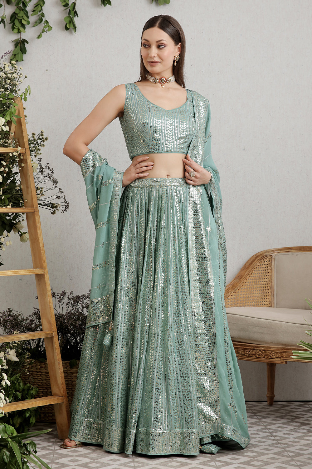 Sea Green Color Embroidered Georgette Lehenga