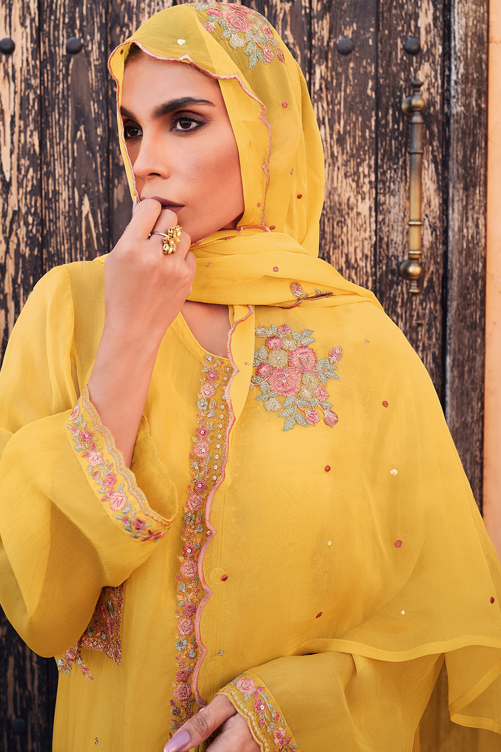 Yellow Colour Embroidered Organza Unstitched Suit Material