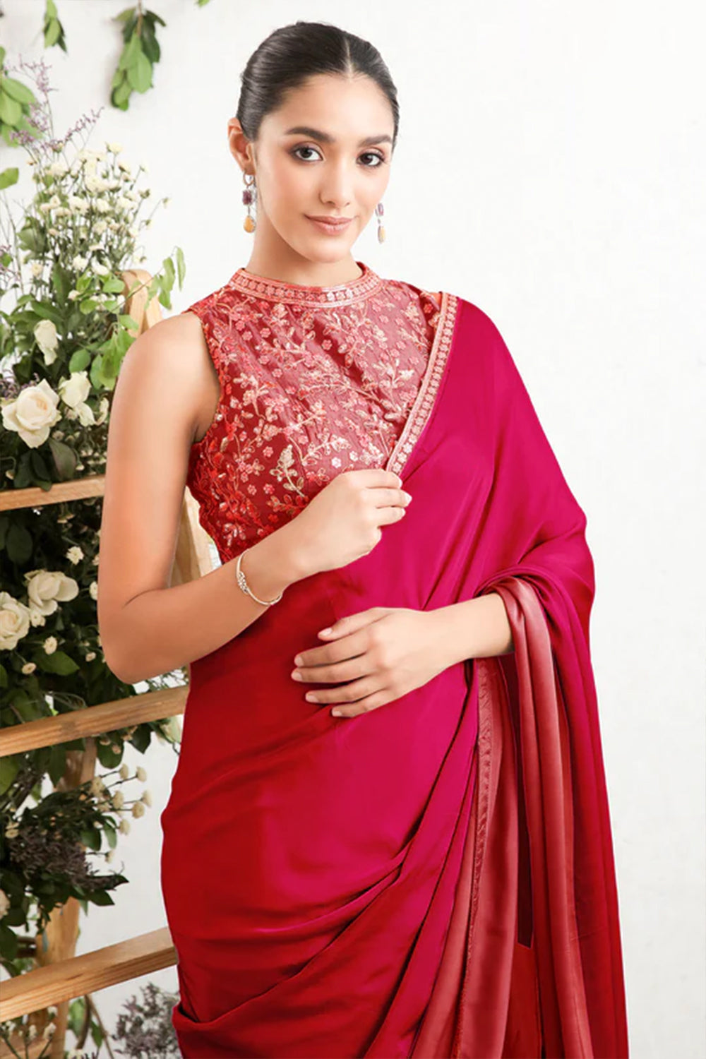 Fuchsia Pink  Colour Satin Saree.