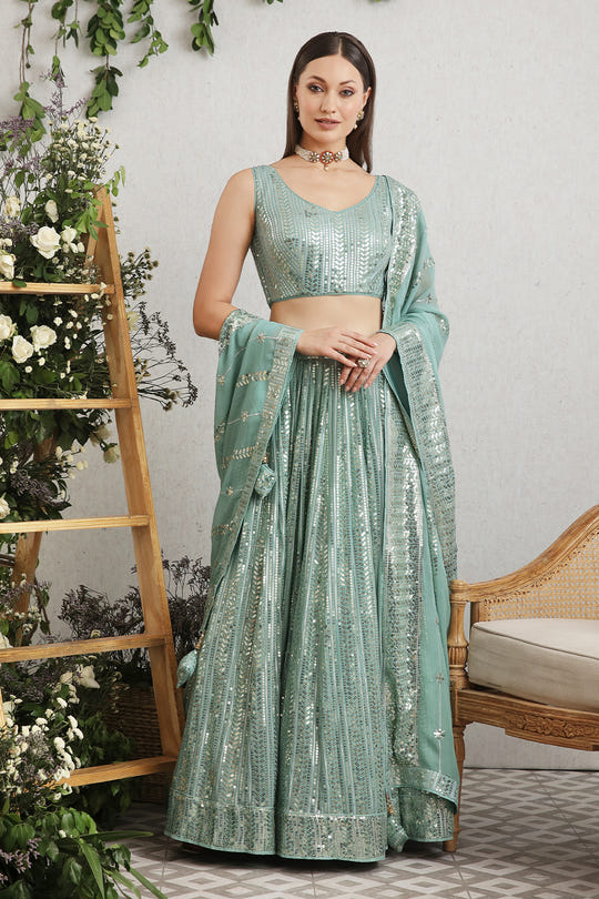 Sea Green Color Embroidered Georgette Lehenga