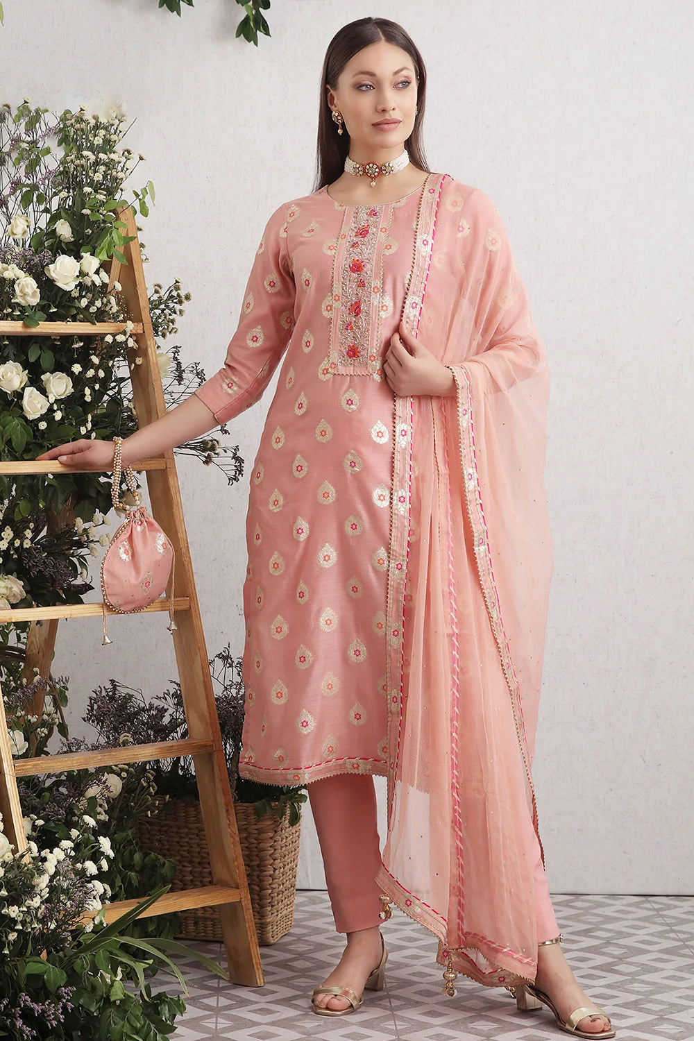Peach Color Chanderi Woven Suit Material.