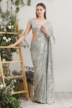 Grey Colour Sequins Work Georgette Saree.