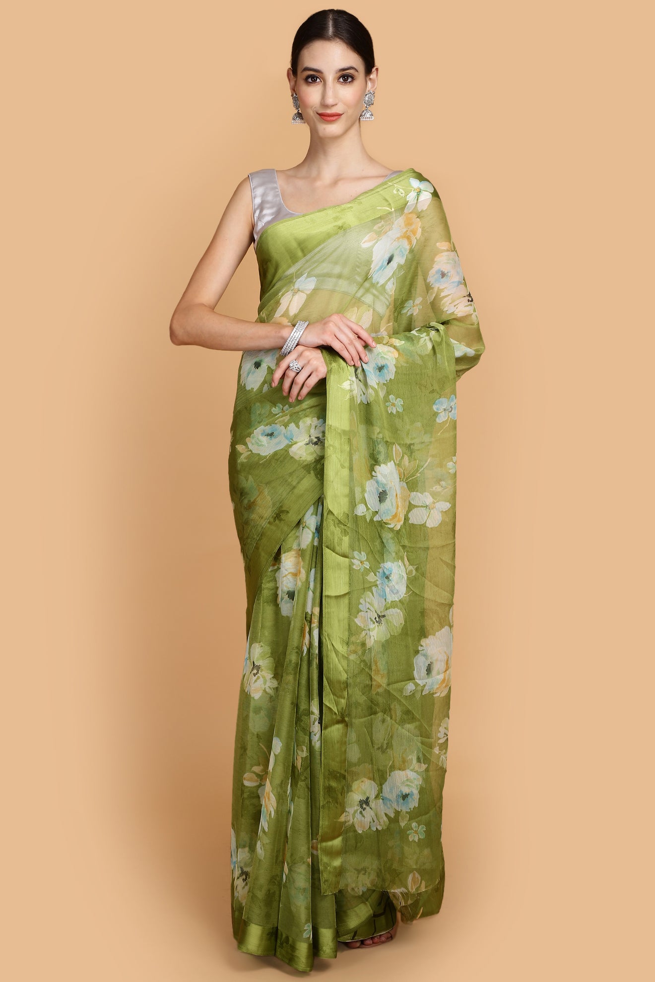 Green Chiffon Printed Saree.