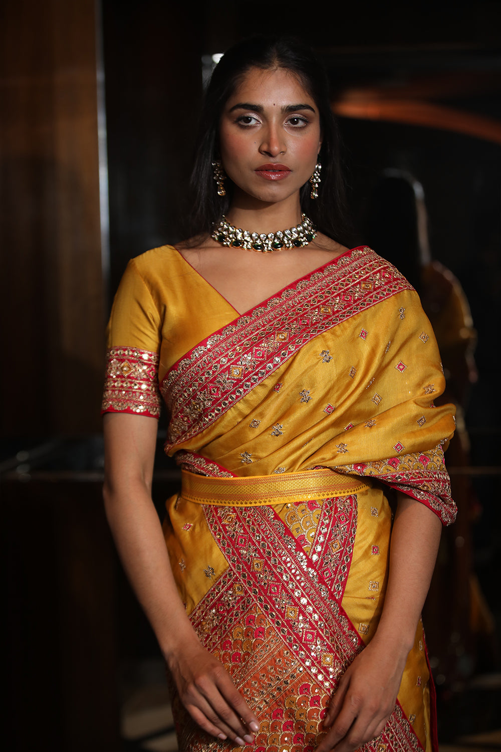 Mustard Colour Embroidery Silk Saree