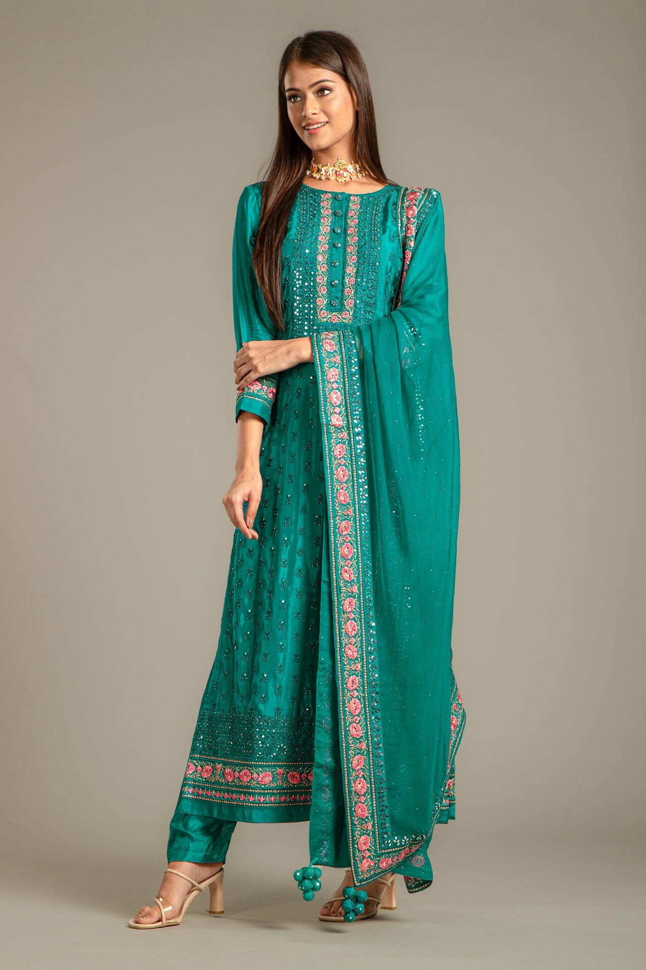 Turquoise Colour Embroidered Silk Suit with Unstitched Salwar Fabric