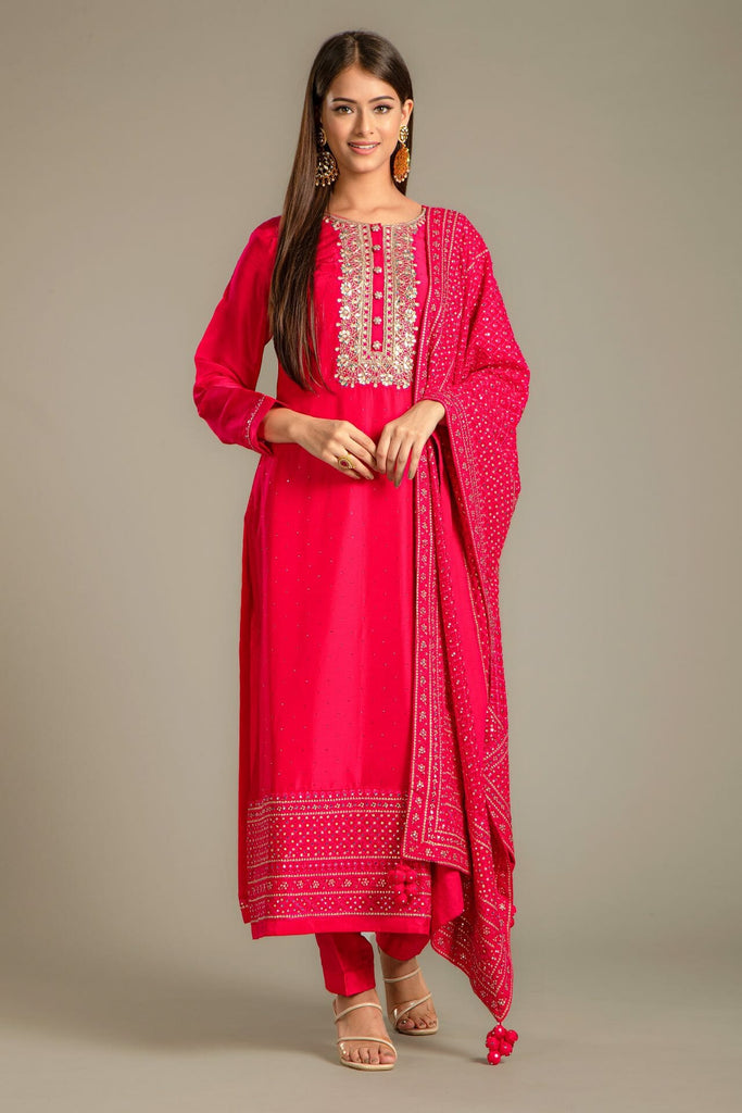 Cherry Red Embroidered Silk Suit With an Unstitched Salwar Fabric