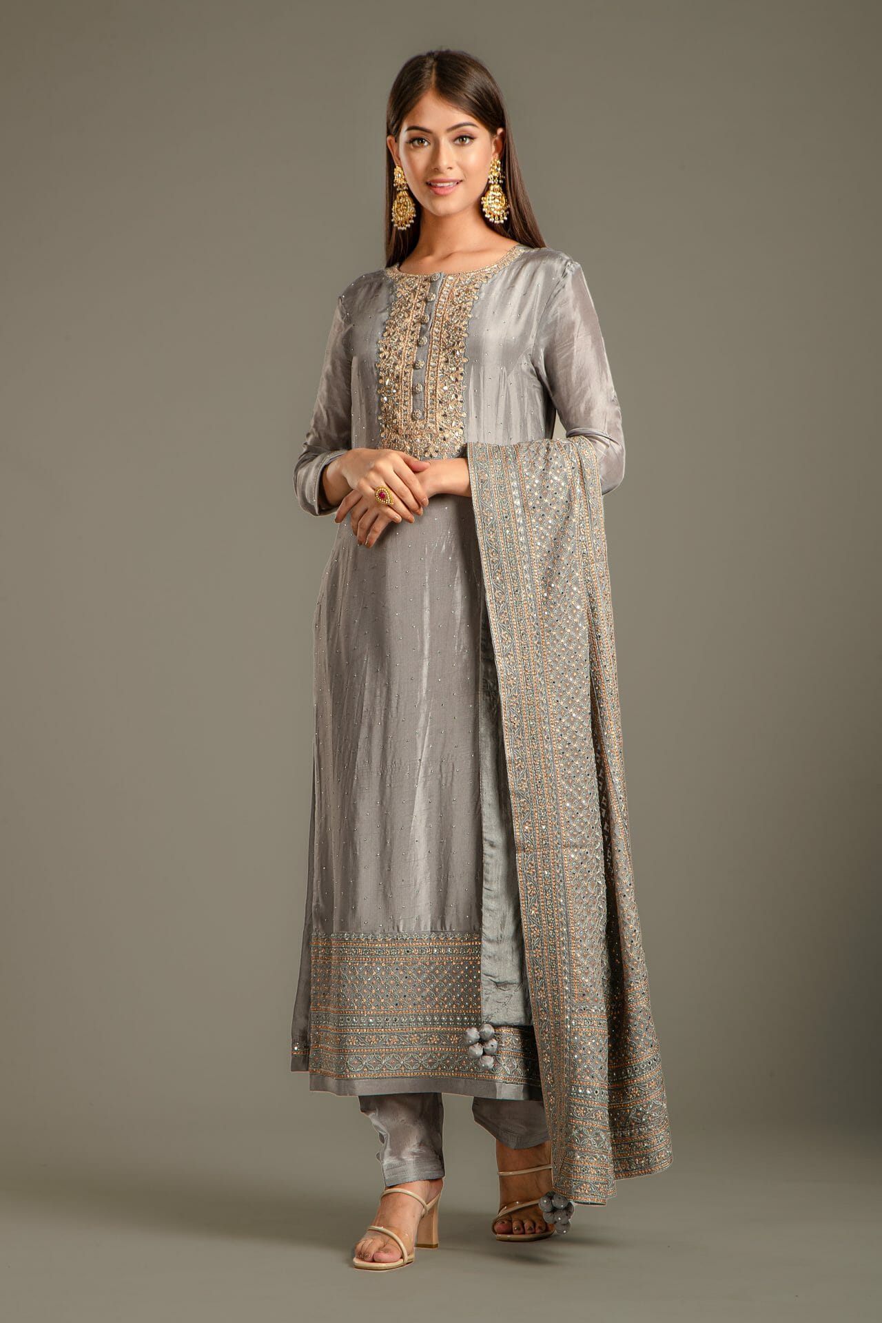 Grey Embroidered Silk Suit Set
