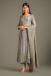 Grey Embroidered Silk Suit Set