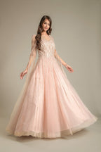 Baby Pink Flared Sleeves Net Gown