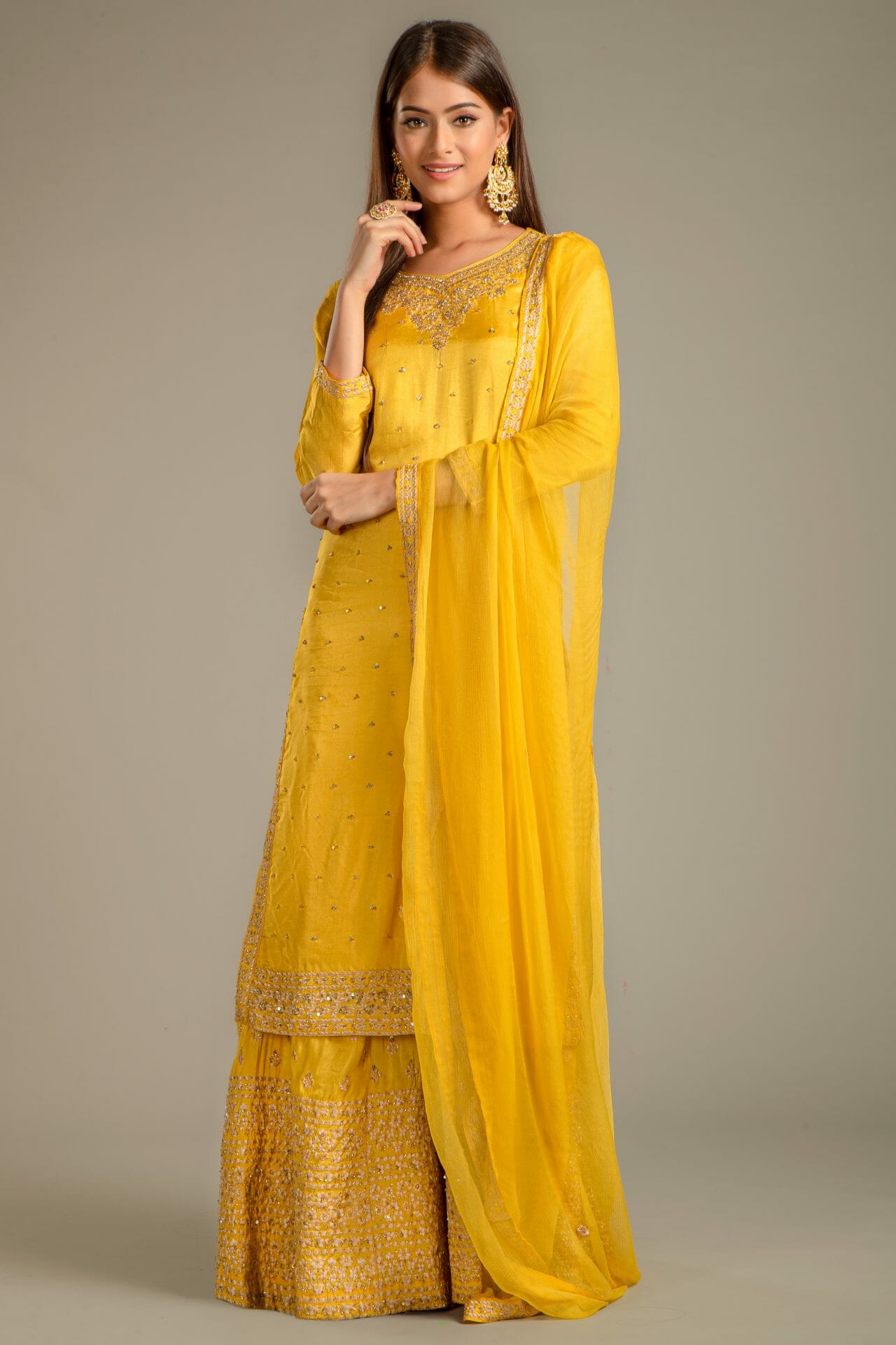 Yellow Colour Embroidered Silk Suit