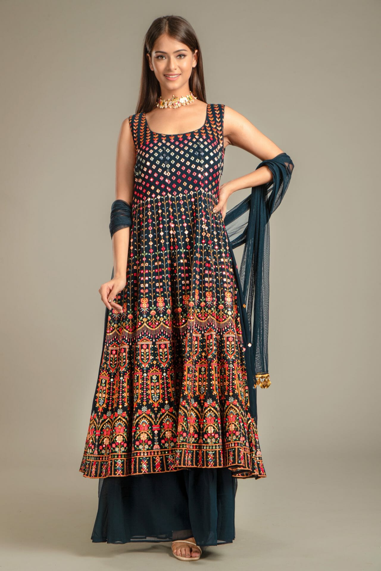 Navy Colour Georgette Anarkali Gharara Suit.