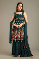 Bottle Green Georgette Peplum Gharara Suit.