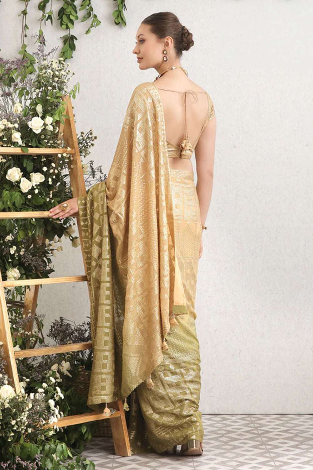 Beige & Pista Ombre Sequins Work Georgette Saree.