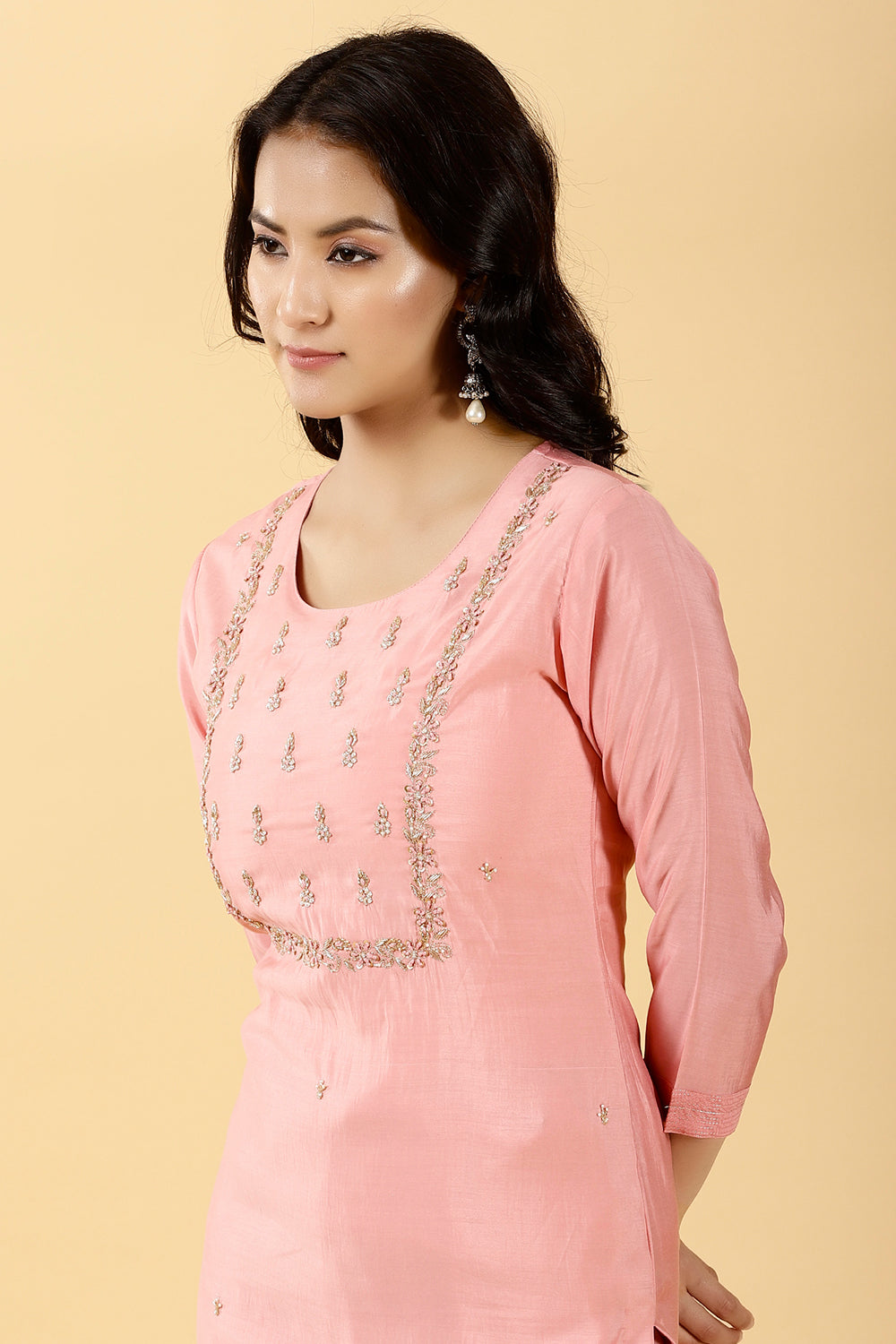 Pink Color Embroidered Muslin Kurta & Pant Set
