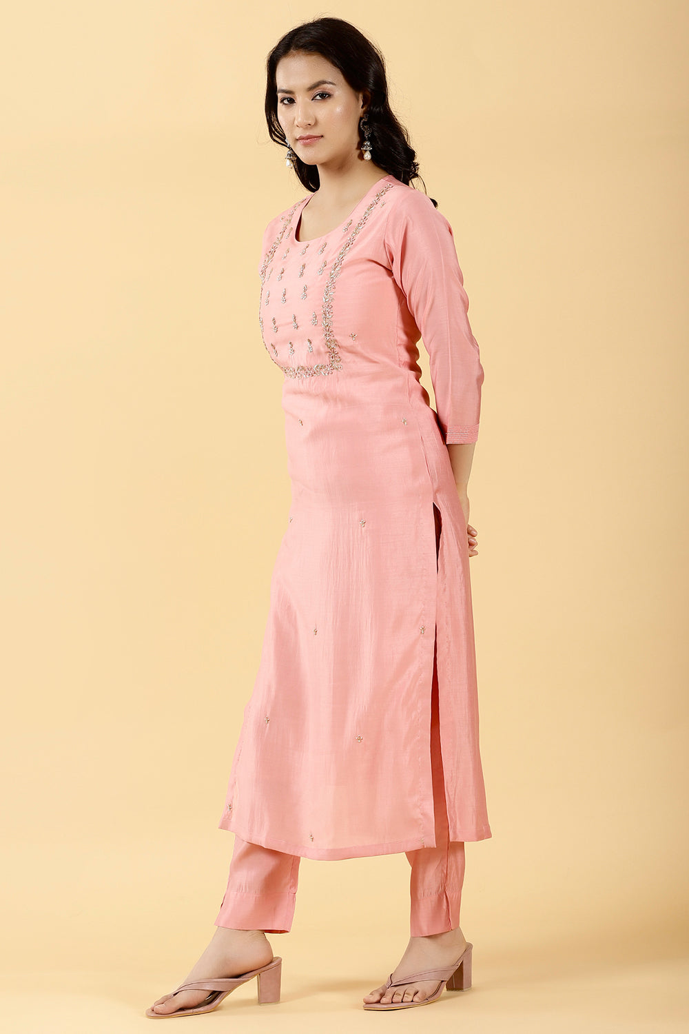 Pink Color Embroidered Muslin Kurta & Pant Set