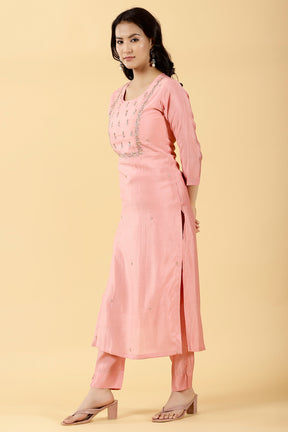 Pink Color Embroidered Muslin Kurta & Pant Set