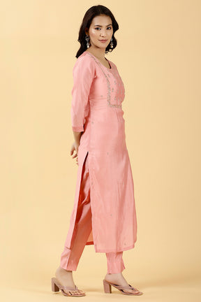 Pink Color Embroidered Muslin Kurta & Pant Set