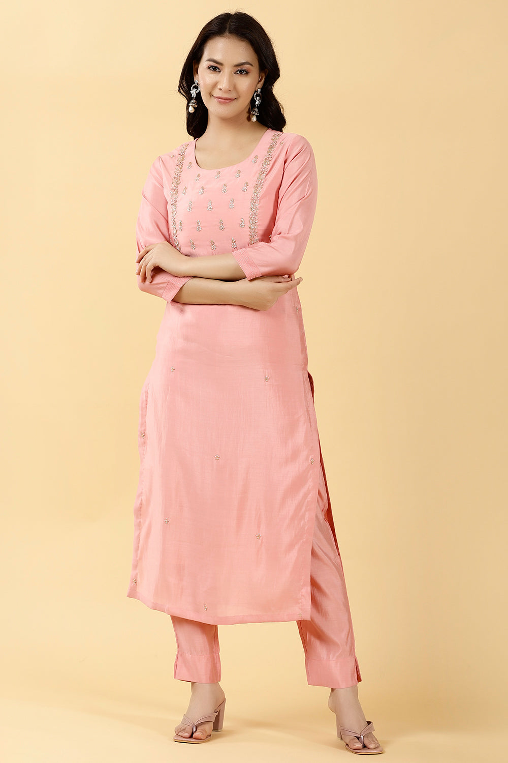 Pink Color Embroidered Muslin Kurta & Pant Set