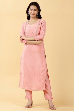 Pink Color Embroidered Muslin Kurta & Pant Set