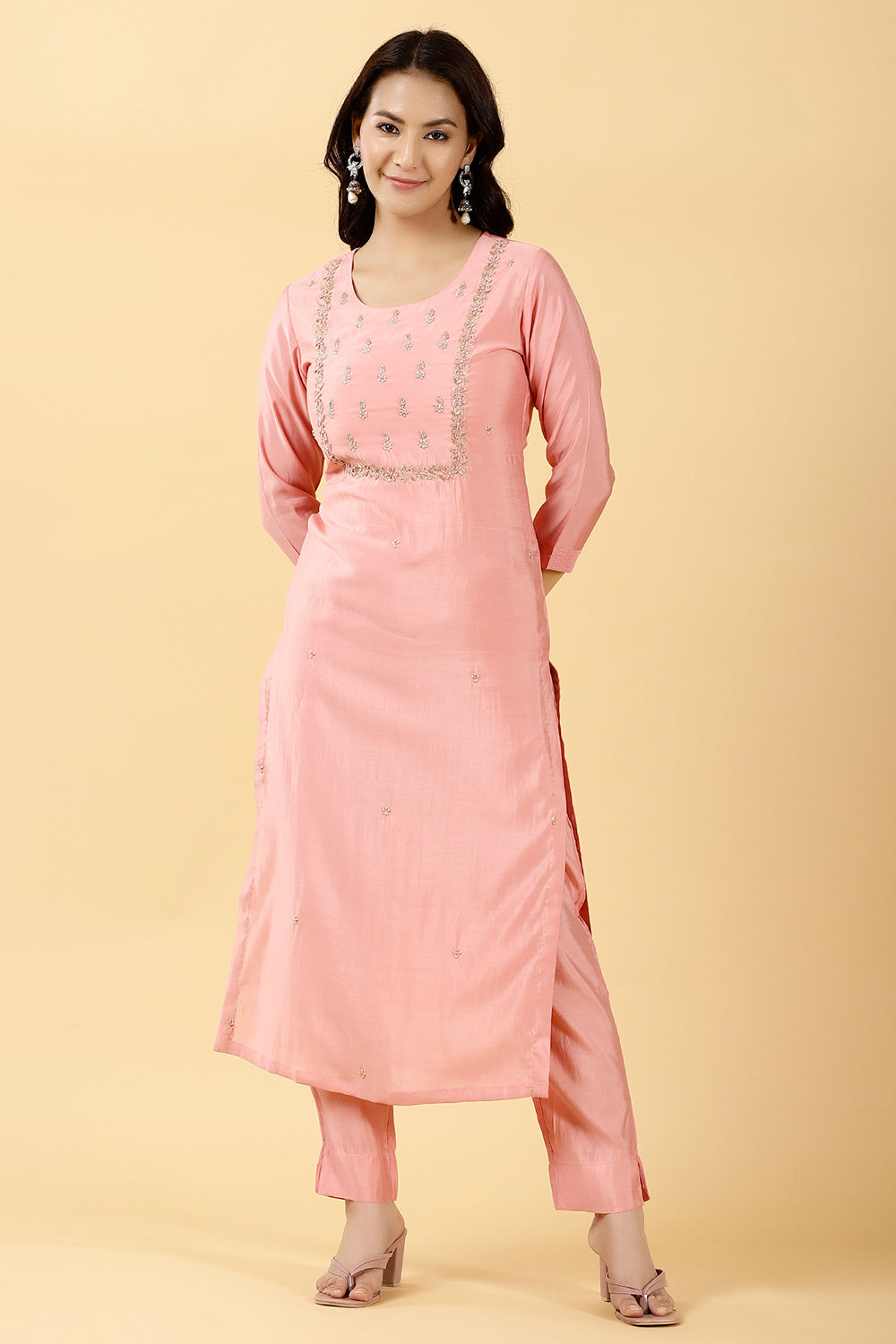 Pink Color Embroidered Muslin Kurta & Pant Set