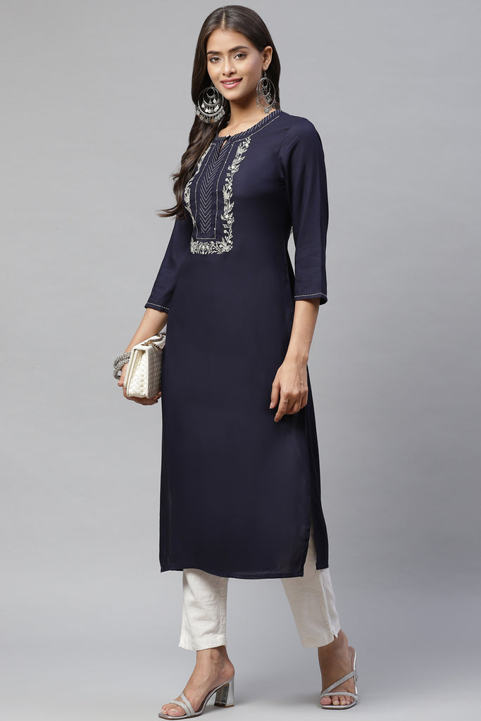 Navy Color Cotton Embroidery Kurta