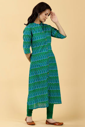 Teal & Green Color Printed Cotton Long Kurti.