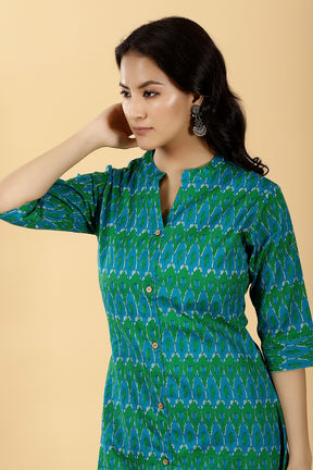Teal & Green Color Printed Cotton Long Kurti.