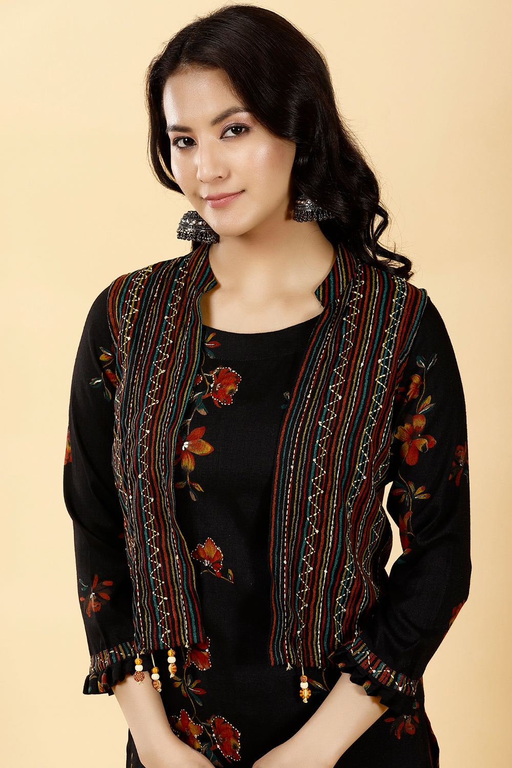 Black Colour Cotton Printed Kurta Set With Erhinc Jacket