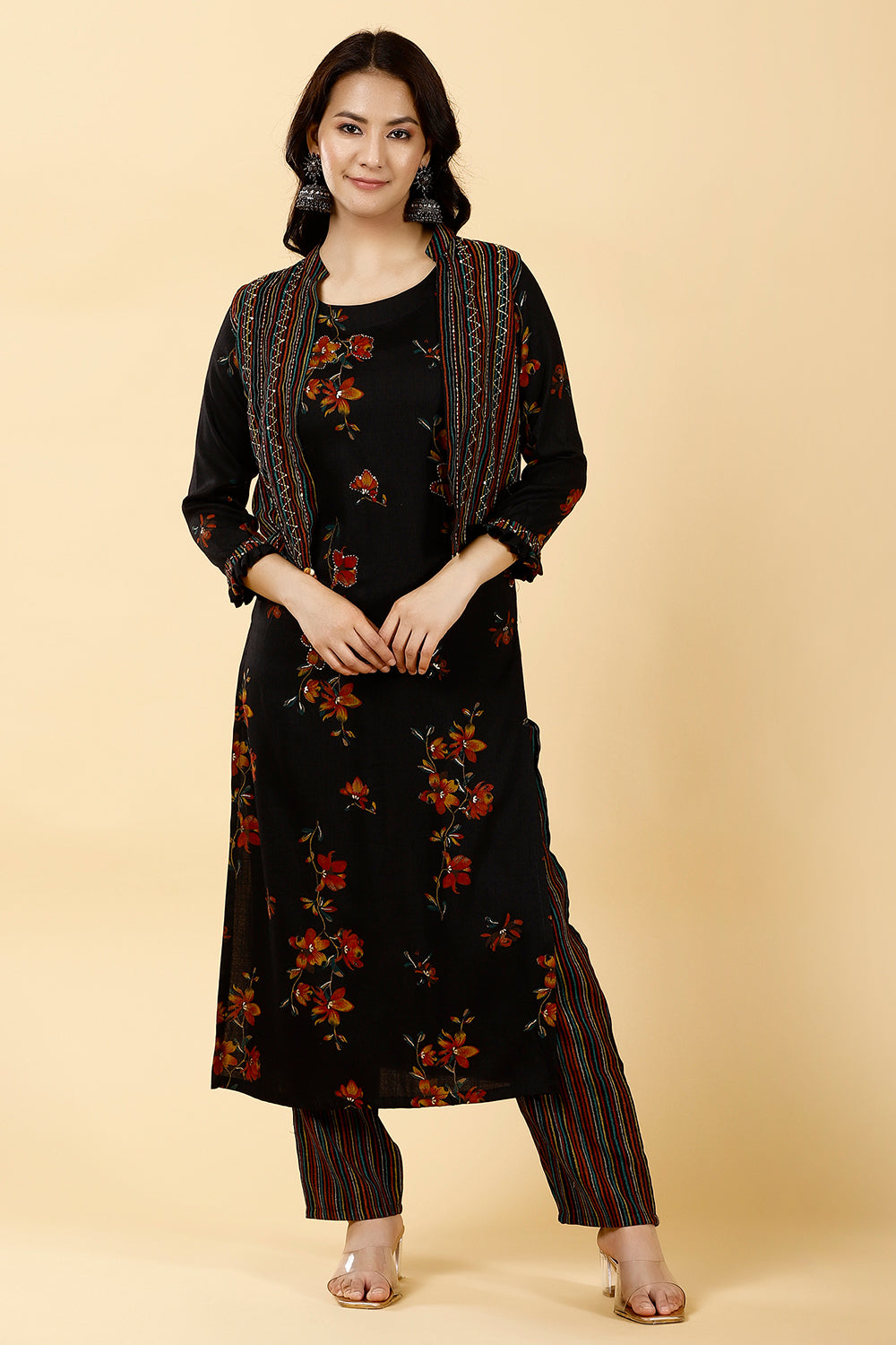 Black Colour Cotton Printed Kurta Set With Erhinc Jacket