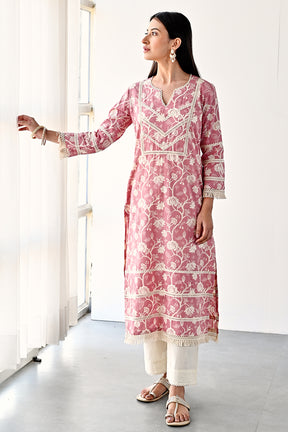 Pink Color Cotton Printed Kurta and Pant Set
