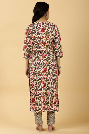 Cream Color Cotton Printed Kurti & Pant Set