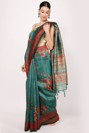 Teal Colour Printed Tussar Silk Saree.