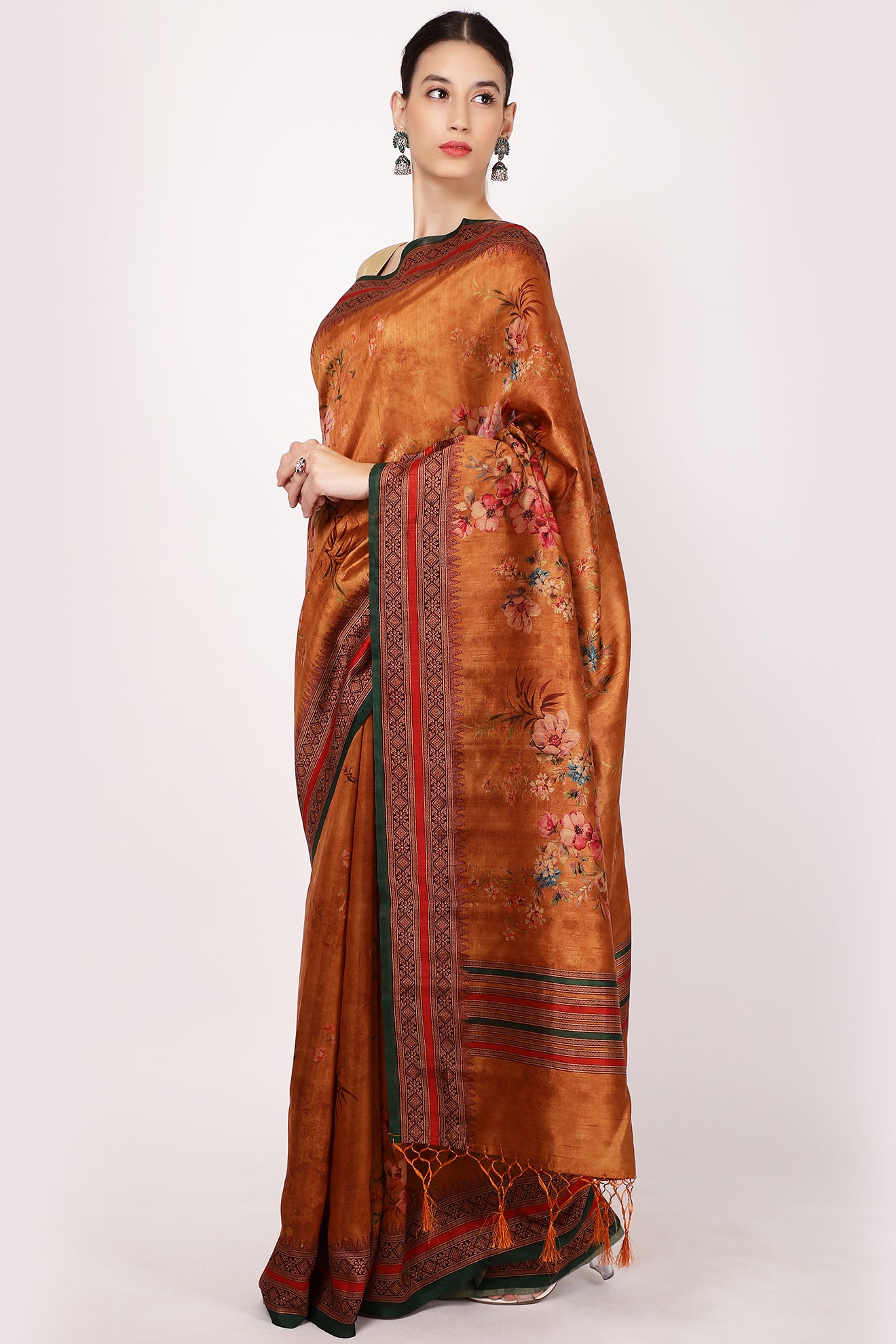 Mustard Colour Printed Tussar Silk Saree.