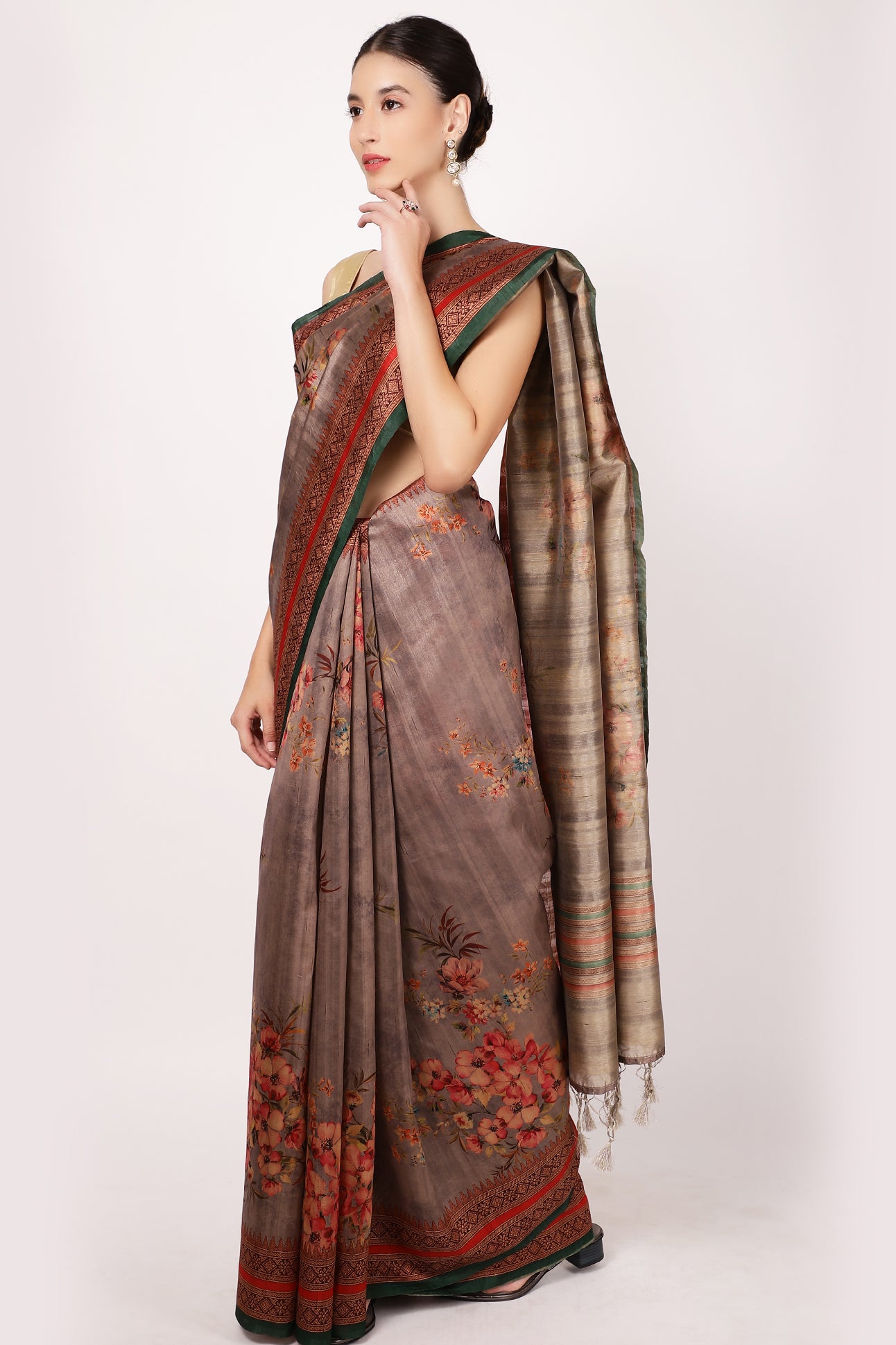 Brown Colour Printed Tussar Silk Saree.