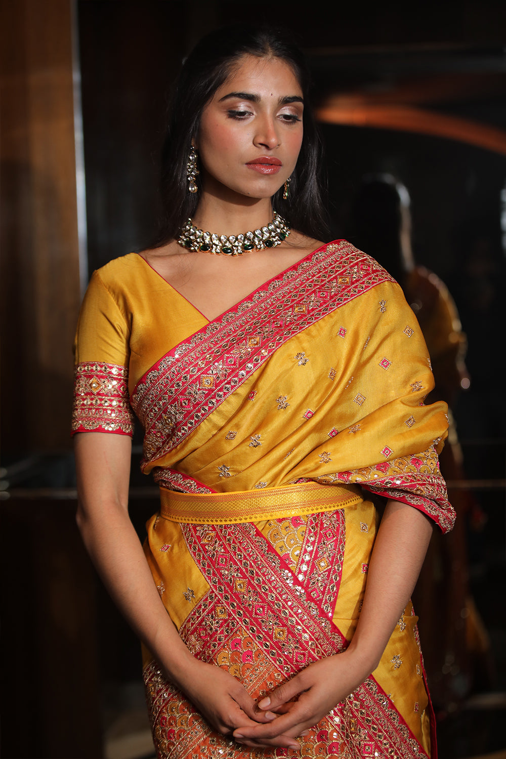 Mustard Colour Embroidery Silk Saree